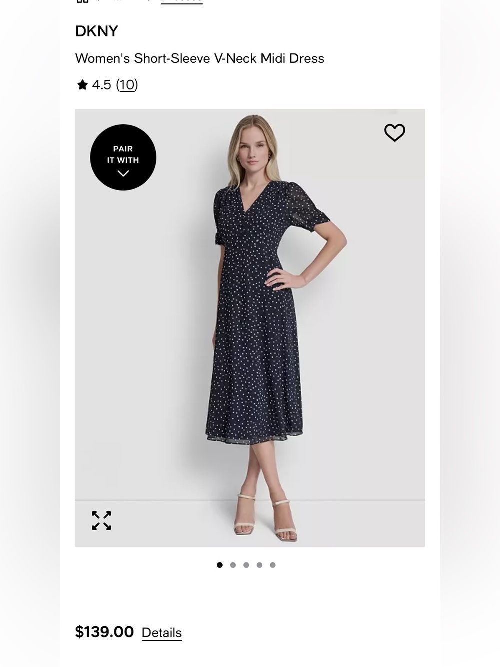 DKNY Navy and White Polka Dot Short-Sleeve V-Neck Midi Dress